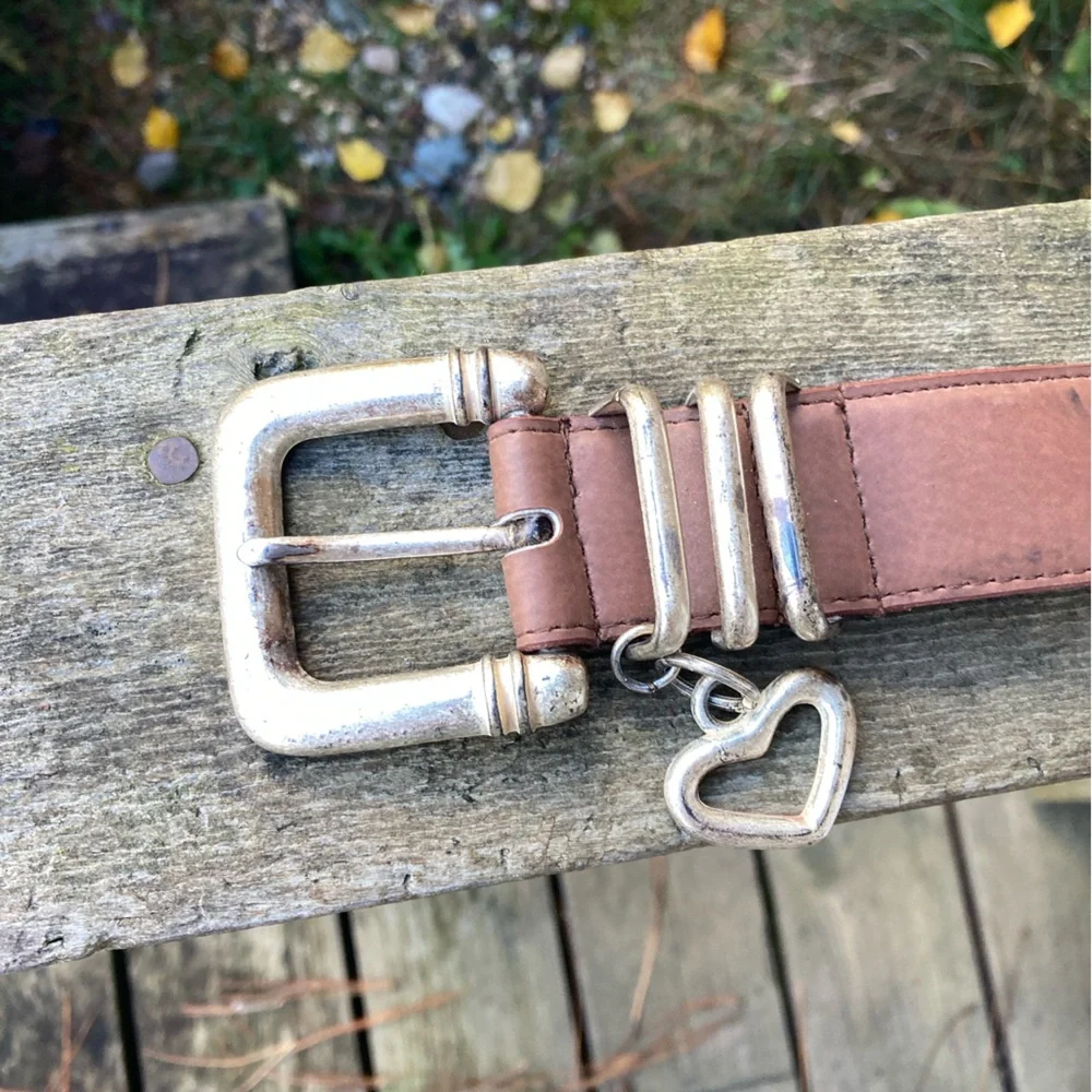 Boho Belt EVAN PICONE Silver Heart Vintage Retro Leather Light Brown Size Small